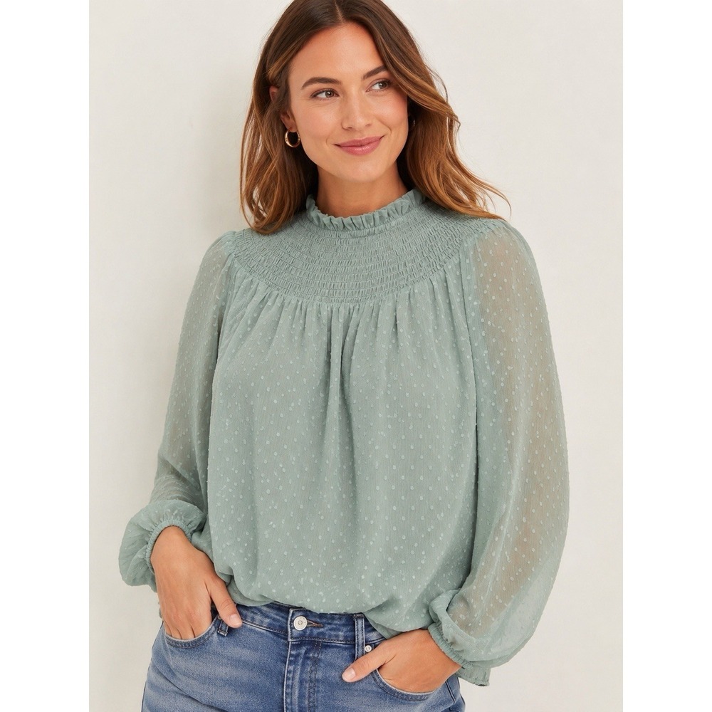 LOFT XL Mint Green Swiss Dot Smocked Blouse Long Sleeve Sheer Women's Top